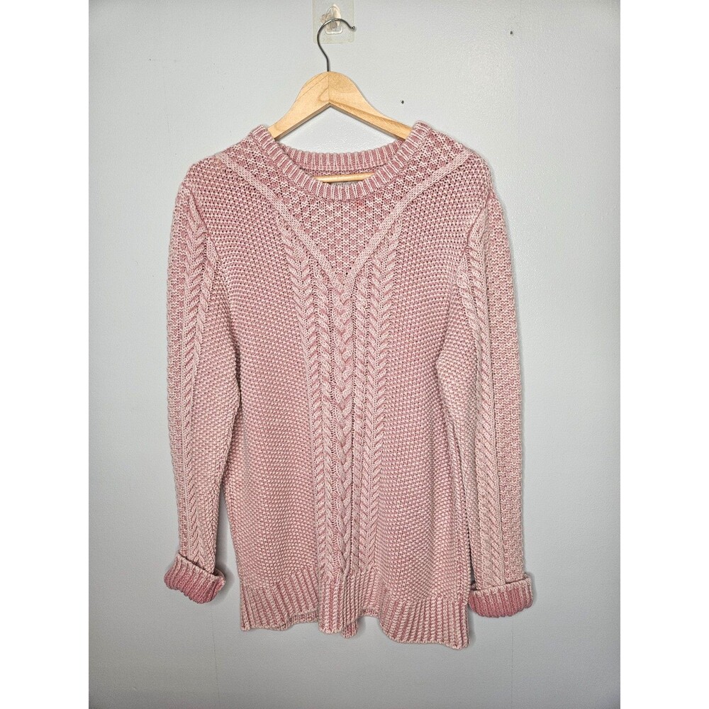 LL BEAN SIGNATURE Womens Cable Knit Cotton Fisherman Sweater XL Pink Heavyweight